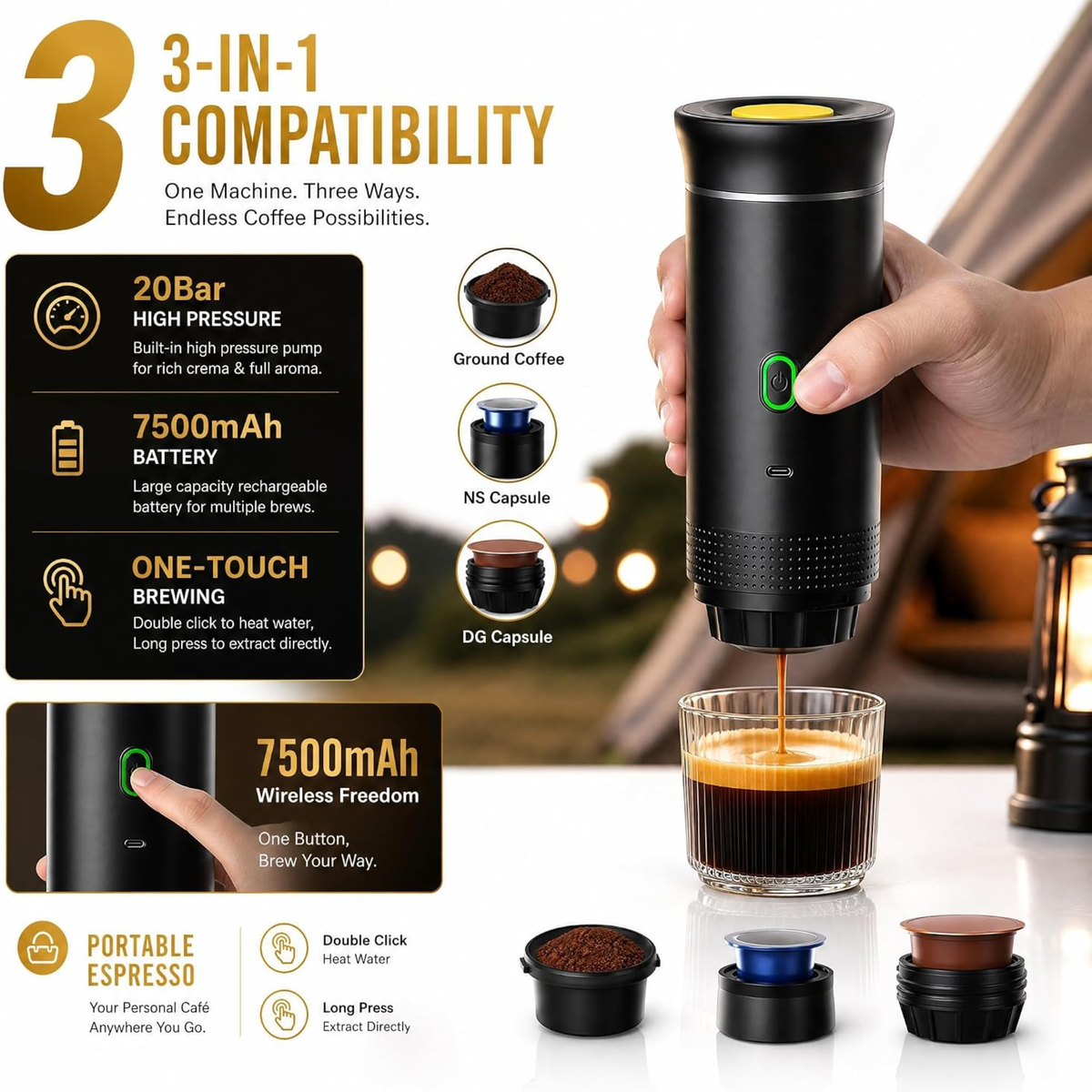 Cafetera Portátil Espresso 3 en 1